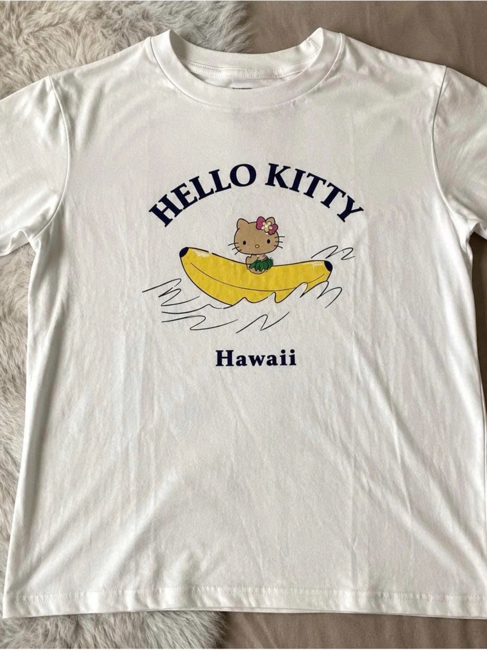 White Hello Kitty Hawaii Tee with Yellow Banana Surf Graphic